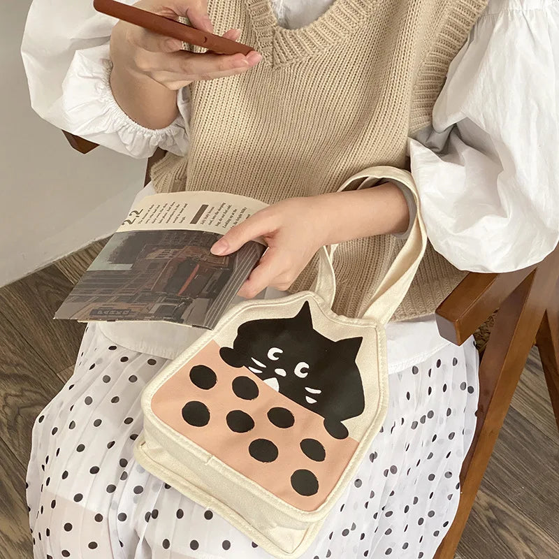 Femlion Little Black Cat Canvas Tote Bag for Stylish Women