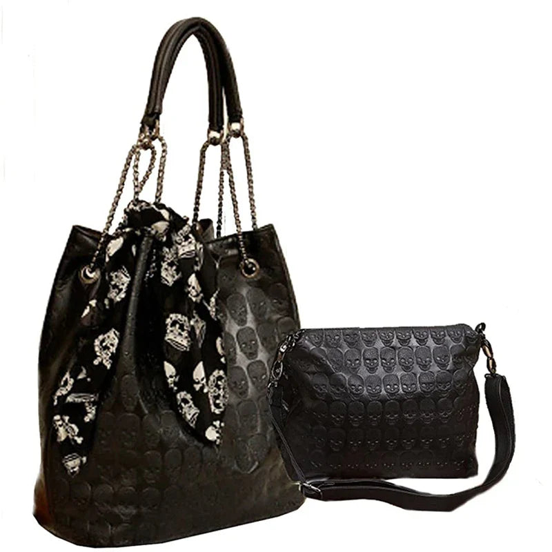 Femlion Skull Leather Handbag Set: Large Capacity Tote and Purse - Trendy 2022 Collection