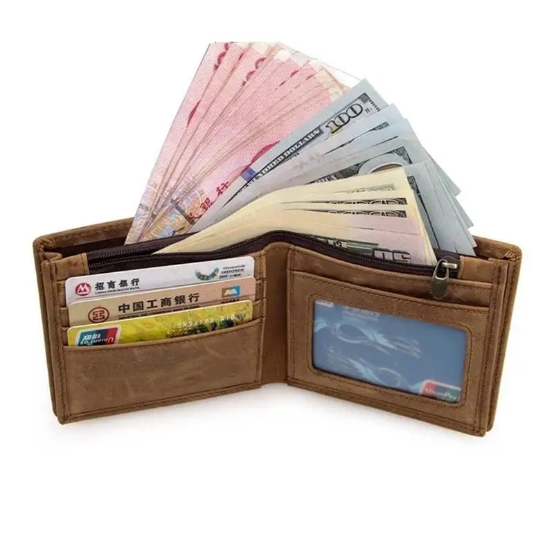 Femlion Men's Genuine Leather Short Wallet for Coins Card Cash Photo Purse