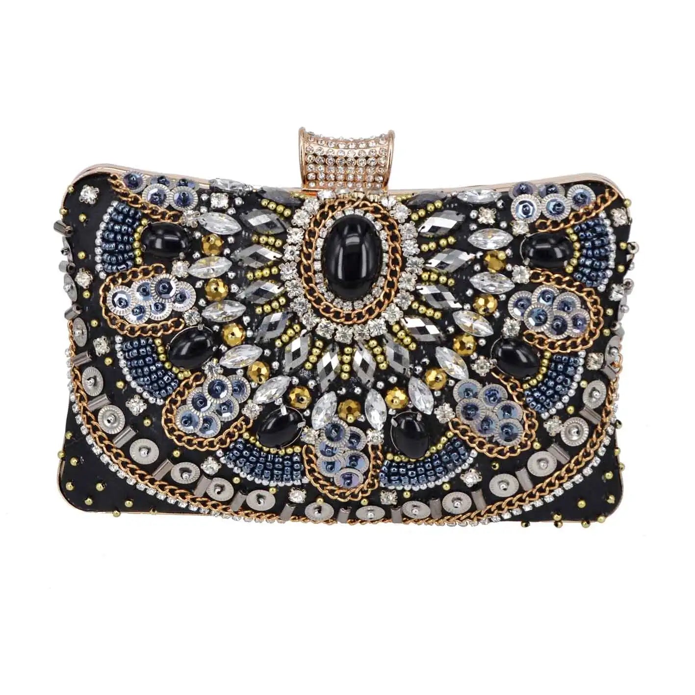 Femlion Elegant Beaded Clutch: Luxury Black Ivory Party Purse for Women, Wedding Bag