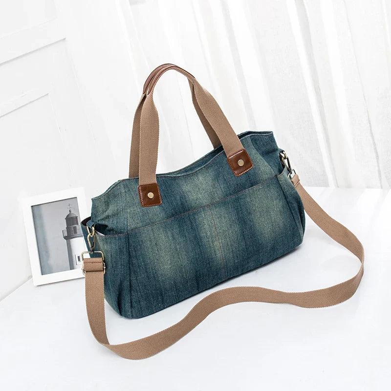 Femlion Denim Tote Bag Large Capacity Handbag for Women Fashion Shoulder Purse