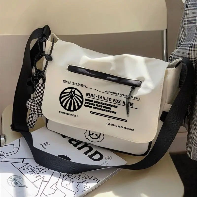 Femlion Anime SCP Shoulder Bag - Black & White Messenger with Badges & Front Zipper