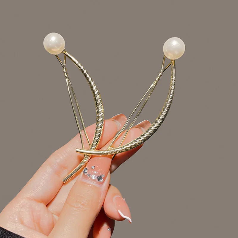 Femlion Geometric Pearl Hair Clip Spring Frog Buckle Hairpins for Women Girls