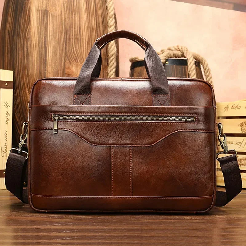 Femlion Genuine Leather Men's Laptop Briefcase, 14-inch Business Bag