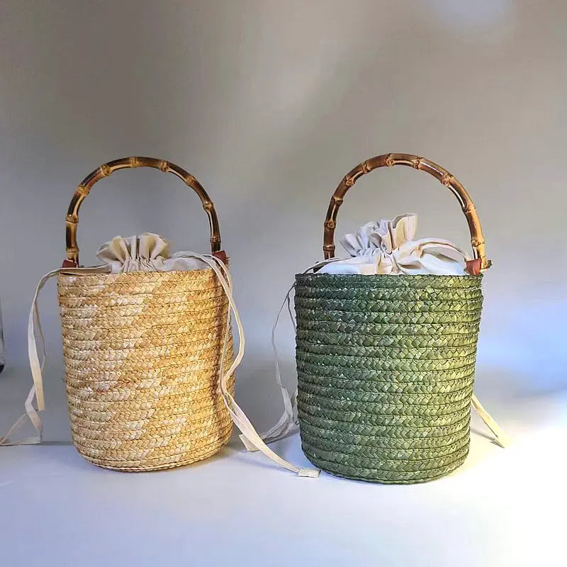 Femlion Bamboo Handle Straw Handbag with Handwoven Flower Basket and Forest Style