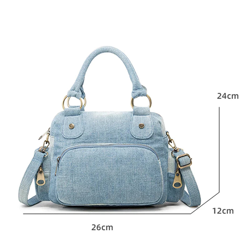 Femlion Denim Crossbody Bag Quality Shoulder Handbag with Multi-pockets and Adjustable Strap