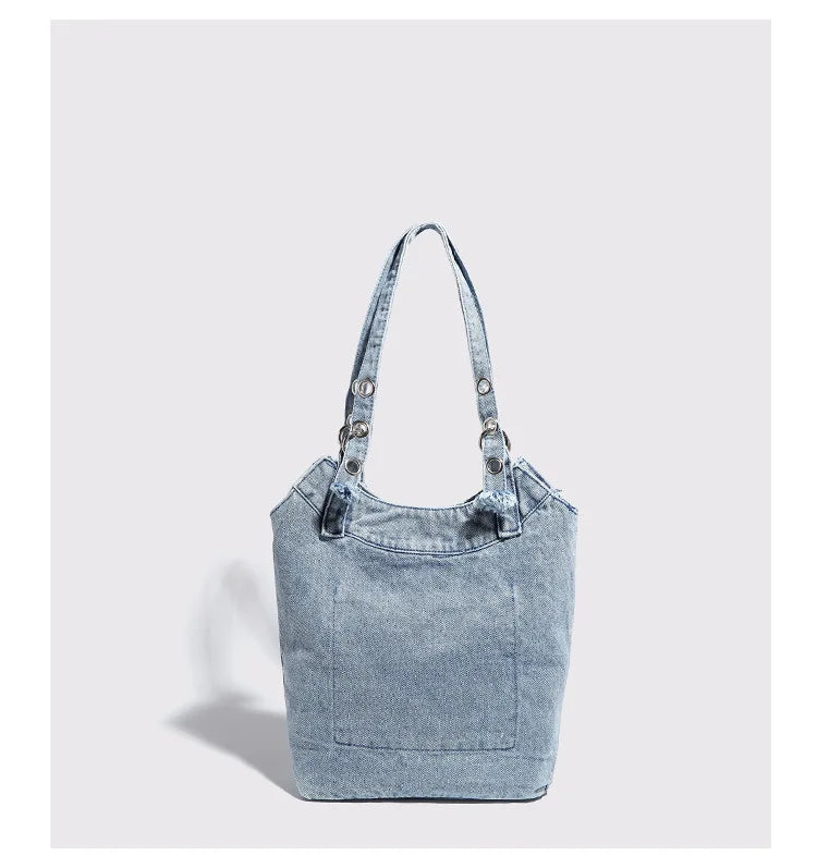 Femlion Washed Denim Underarm Bag: Retro Patchwork Shoulder Bag for Stylish Women