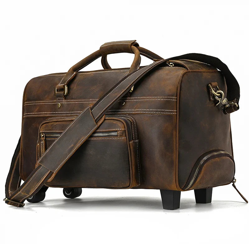 Femlion Genuine Leather Luggage Duffle Bag with Wheels for Men and Women