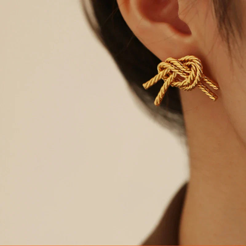 Femlion Gold Twisted Knot Earrings - Double Rope Bowknot Studs