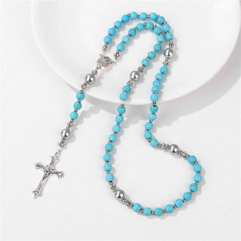 Femlion Turquoise Cross Stone Beads Prayer Bracelet Religious Protection Jewelry