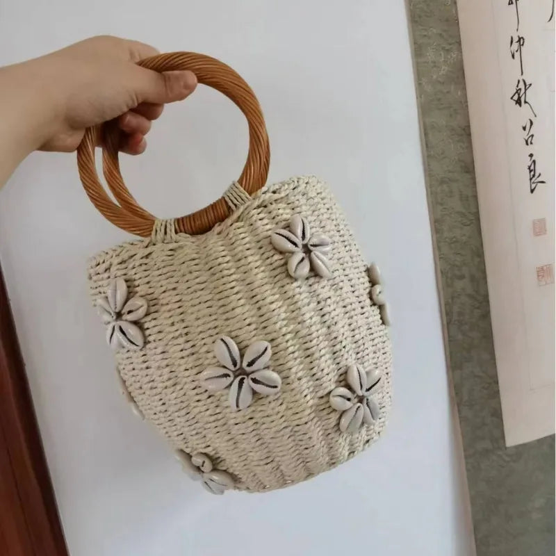 Femlion Shell Flower Vine Handle Woven Bag - Artistic Style Handheld Grass Woven Purse