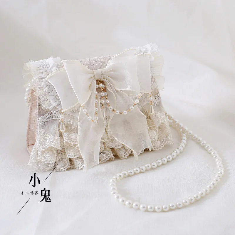 Femlion Bowtie Lace Lolita Shoulder Bag with Imitation Pearl Cross Body