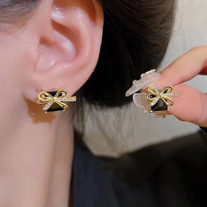 Femlion Black Square Gold Bowknot Zircon Earrings - 2023 Fashion Jewelry