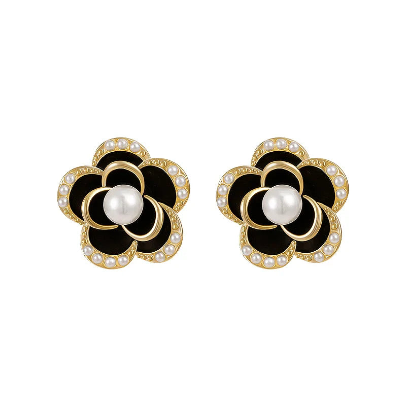 Femlion Black Camellia Flower Stud Earrings: Elegant Jewelry for Woman and Girls