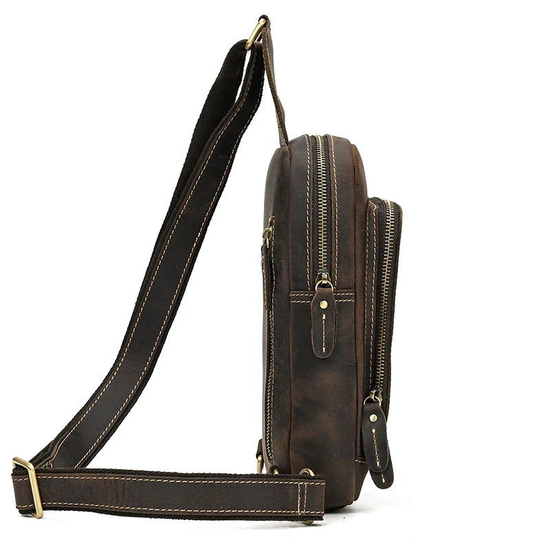 Femlion Vintage Leather Chest Bag for Men - Outdoor Sports Sling Pack