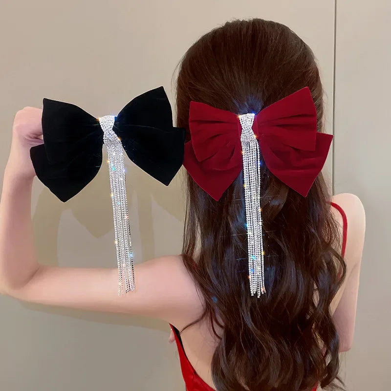 Femlion Velvet Rhinestone Bow Hair Pin Elegant Tassel Hair Clip for Girls Women