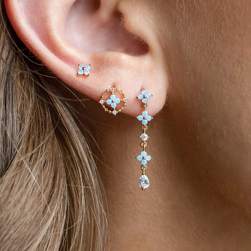 Femlion CZ Blue Flower Chain Earrings: Trendy Zircon Studs for Women