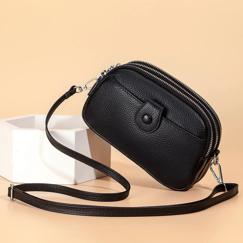 Femlion Leather Mini Shoulder Bag with Three Zipper Pockets