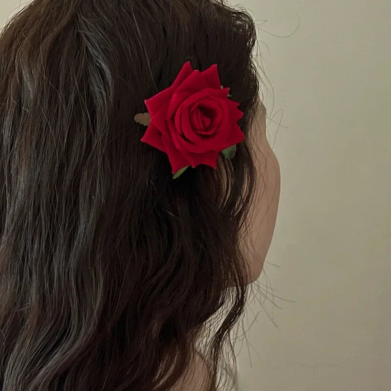 Femlion Red Fabric Rose Hairpin Brooch Wedding Hair Clip Bridesmaid Party Flower Hair Accessories