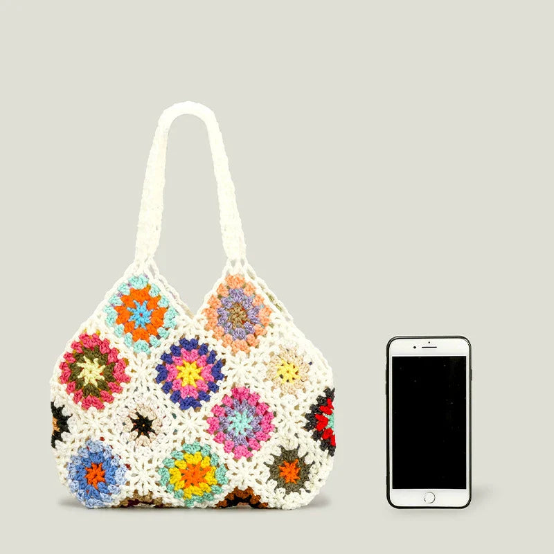 Femlion Bohemian Crochet Shoulder Bag: Handmade Flower Plaid Tote for Women