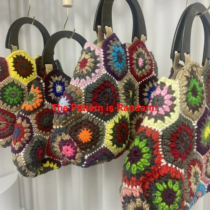 Femlion Vintage Crochet Wooden Handbag Large Tote Women's Shopper Purses