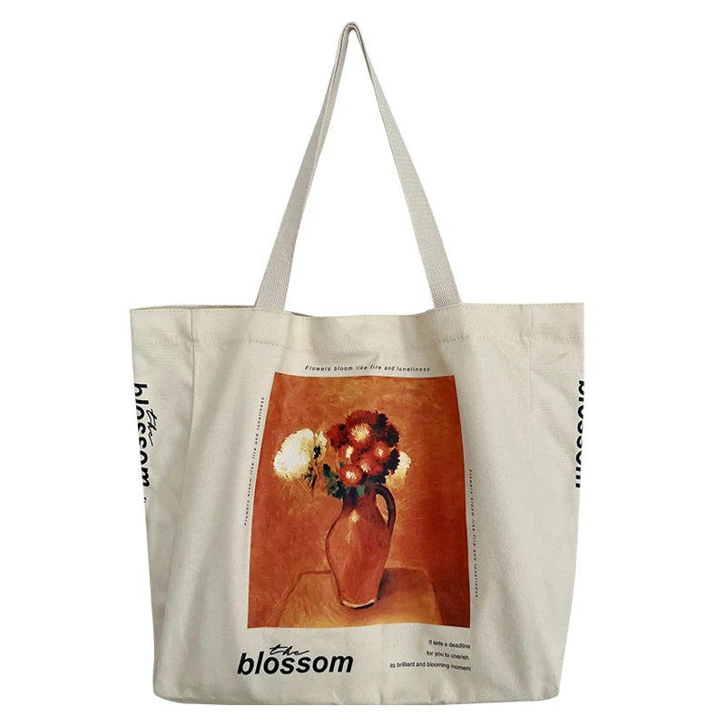 Femlion Bloom Oil Painting Canvas Shoulder Bag Large Tote Handbag