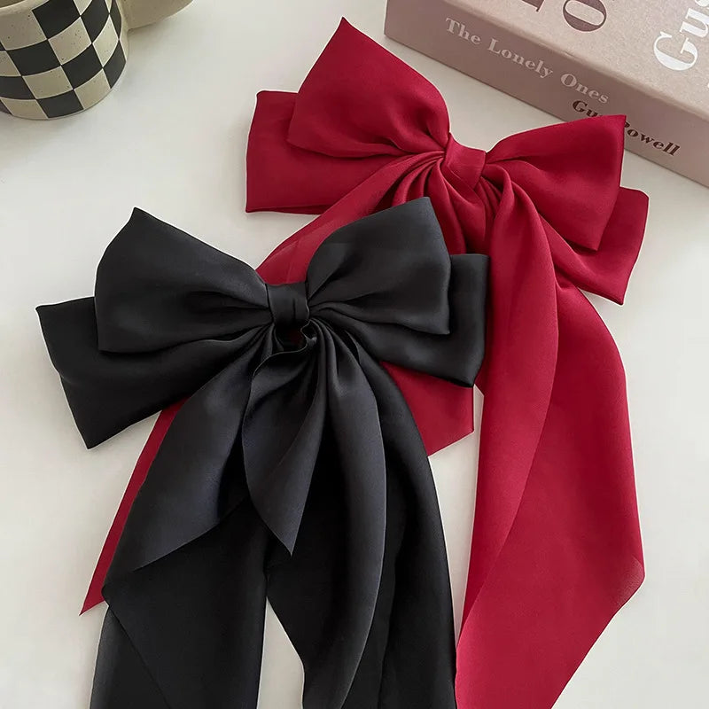 Femlion Chiffon Bow Hair Clip for Women - Large Bowknot Stain Hairpin Barrettes - Solid Color Ponytail Clip