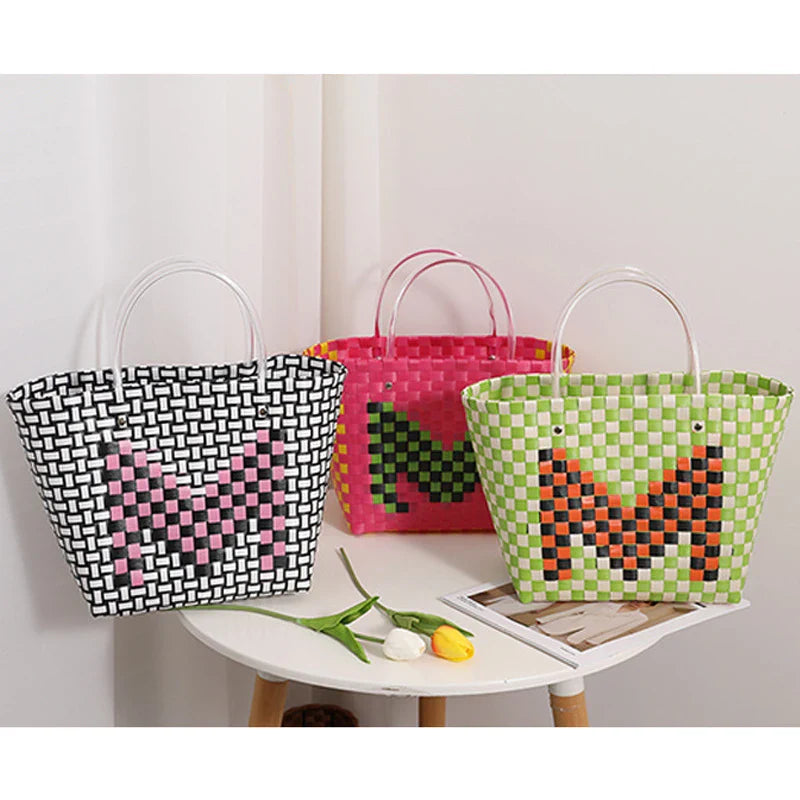 Femlion Color Woven Hand-Held Vegetable Basket Bag Shopping Women's Bag