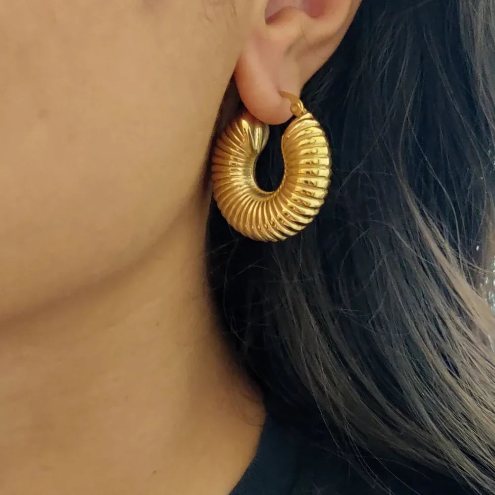 Femlion Gold Plated Chunky Hoop Earrings: Thread Texture Vintage Jewelry