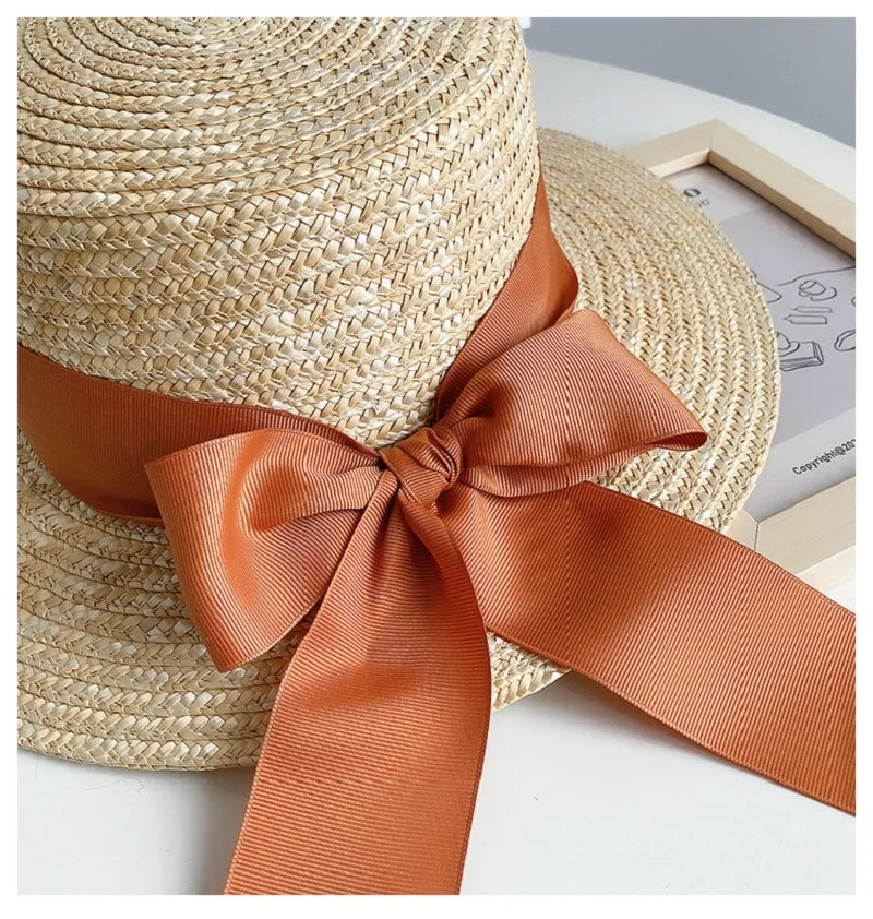 Femlion Bowknot Wide Brim Sun Hat for Women - Straw Boater Canotier Fedora