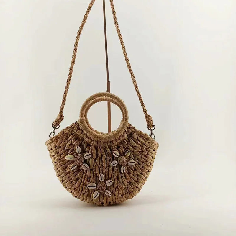 Femlion Retro One-Shoulder Straw Bag - Beach Resort Half-Round Hand-Woven Shell Bag