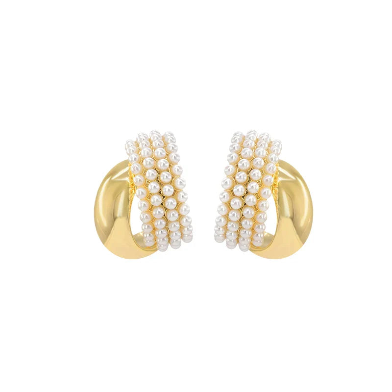 Femlion Gold Color Arc-Shaped Earrings with Imitation Pearl - 2024 Korean Fashion Jewelry