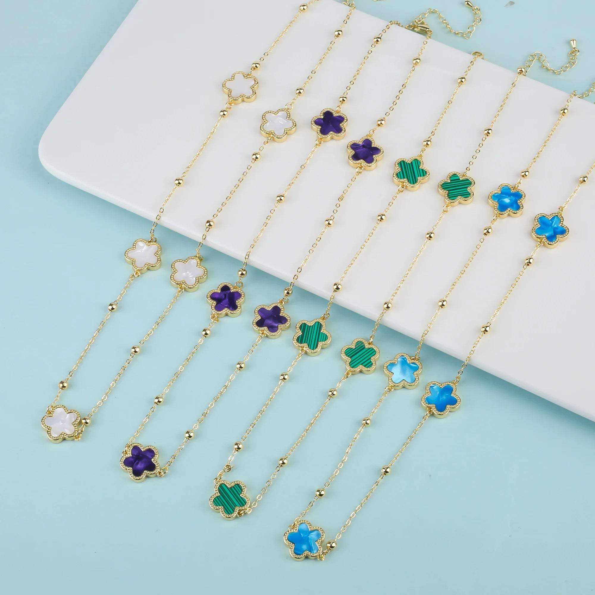 Femlion Gold Bead Sweater Chain with Five Leaf Flower Pendant