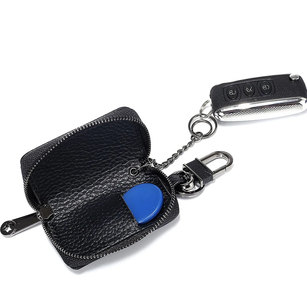 Femlion Genuine Leather Car Key Case Holder Zipper Pocket for Men and Women