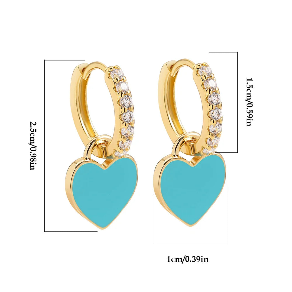 Femlion Rhinestone Circle Hoop Earrings with Candy Heart Charm - Gold Plated Jewelry