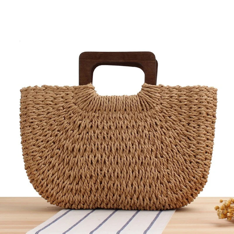 Femlion Sen Series Straw Beach Bag with Wooden Handle