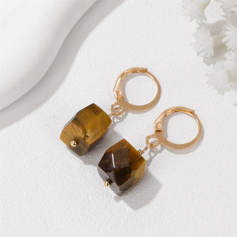 Femlion Faceted Cube Crystal Quartz Earrings - Fashion Gemstone Dangles for Women