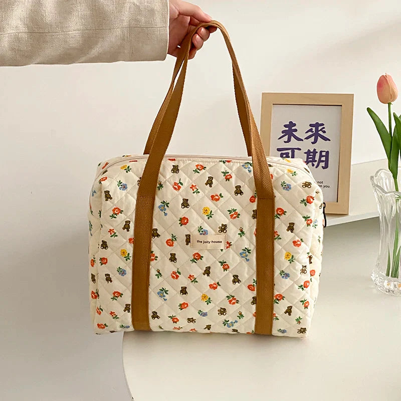 Femlion Bear Floral Print Cotton Handbag Large Tote Shoulder Bag Girls Shopping Bags