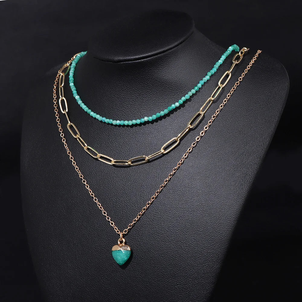 Femlion Heart Charm Multilayer Necklace with Natural Stone Beads