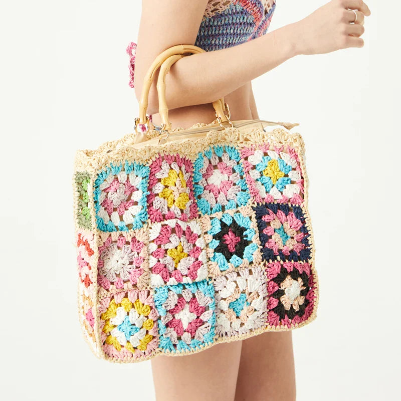 Femlion Boho Granny Square Straw Handbag with Bamboo Handle