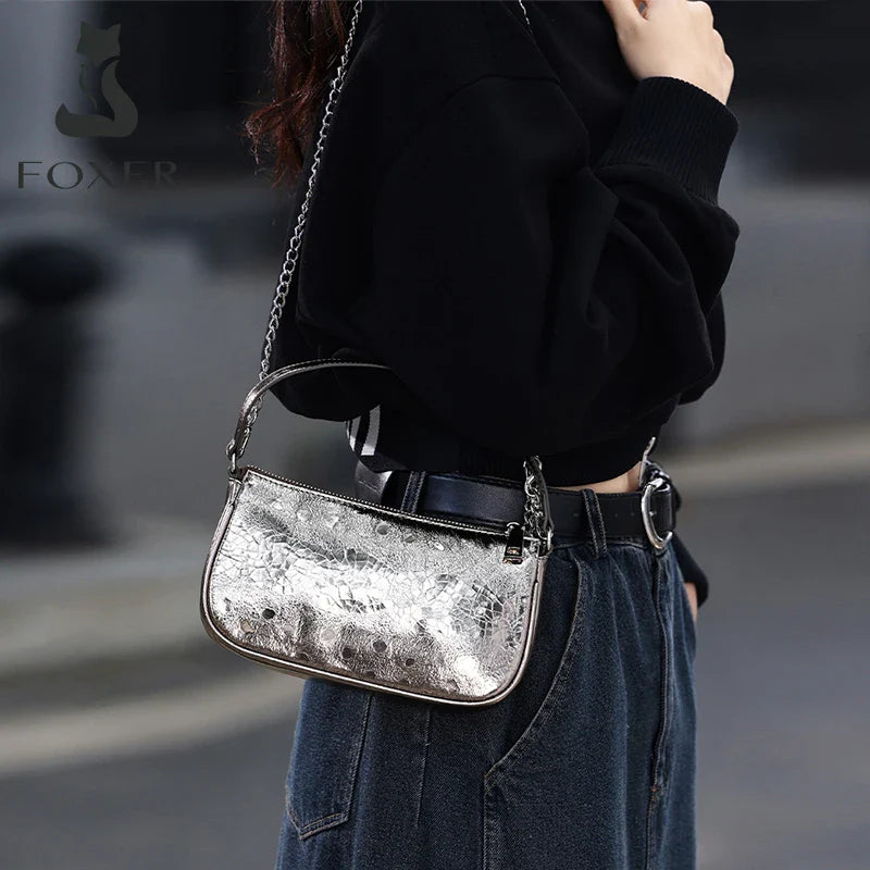 Femlion Silver Leather Crossbody Bag: Chic Small Shoulder Phone Purse for Fashionable Women