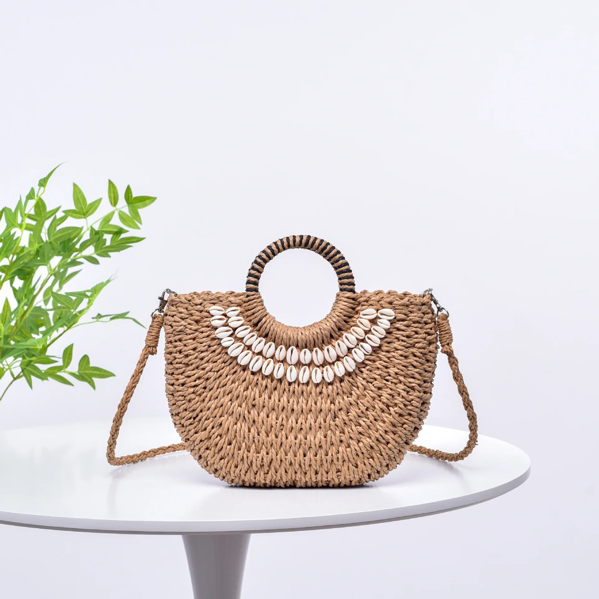 Femlion Seashell Woven Crossbody Handbag - Beach Resort Street Fashion