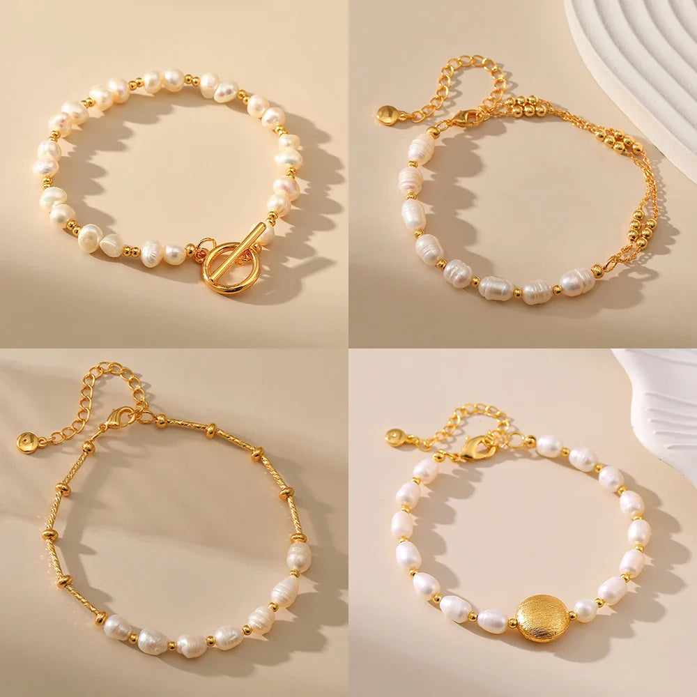 Femlion Gold Plated Freshwater Pearl Beaded Charm Bracelet for Women