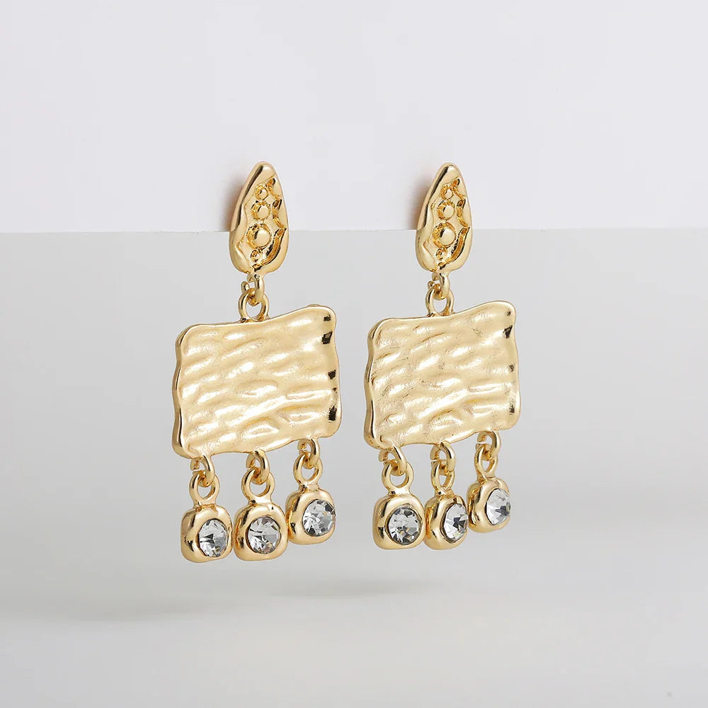 Femlion Golden Hammered Square Crystal Dangle Earrings for Women