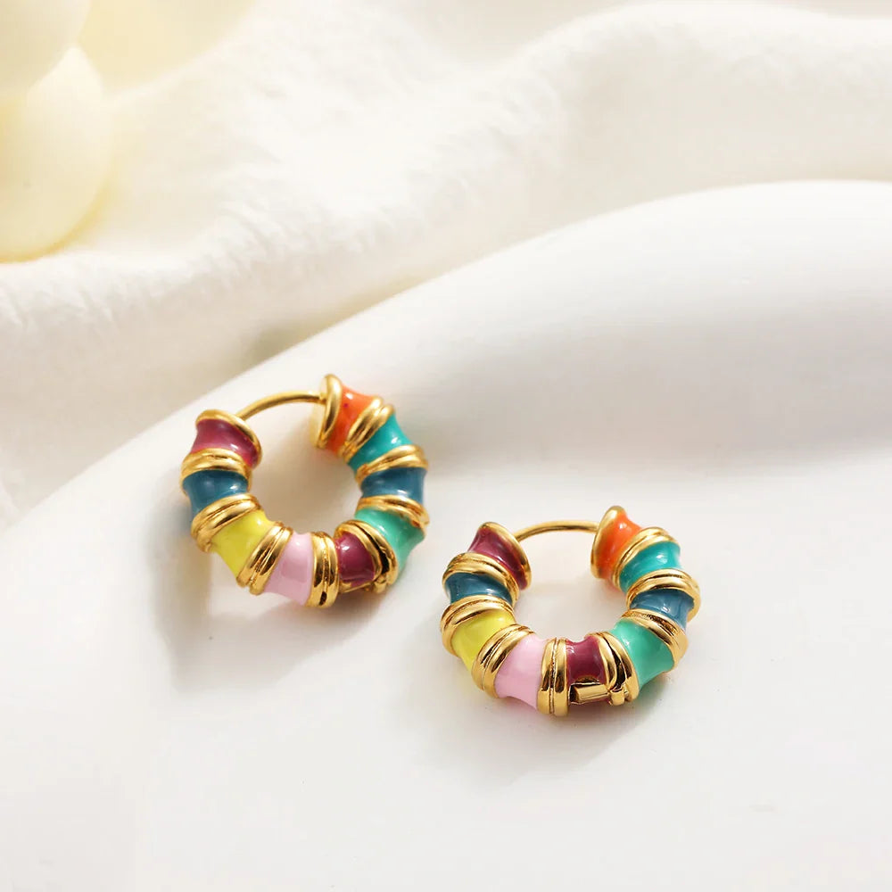 Femlion Rainbow Enamel Color Huggie Hoop Earrings for Women - Fashionable Small Bamboo Hoops