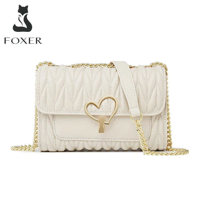 Femlion Chain Flap Bag: Off White Cowhide Shoulder Crossbody, Stylish Design