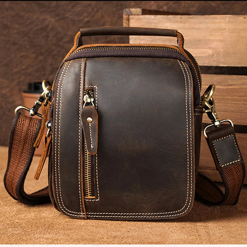 Femlion Genuine Leather Messenger Crossbody Bag Retro Style Mini Shoulder Handlebag