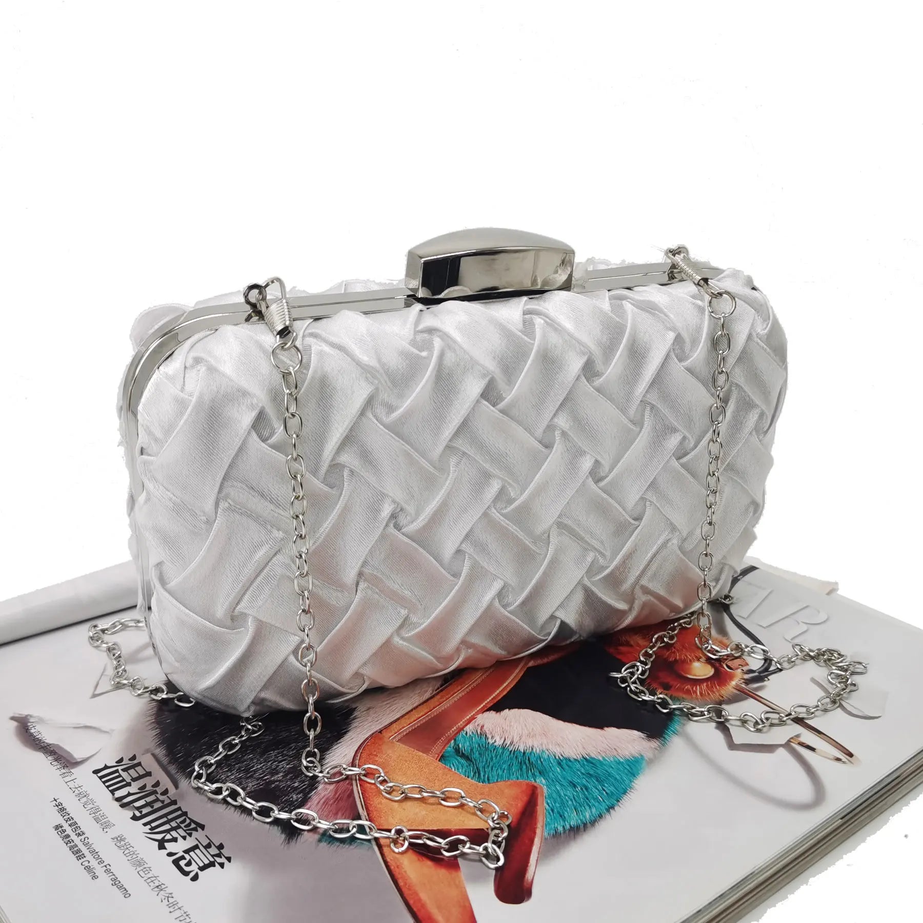 Femlion Silver Woven Clutch: Chic Evening Bag for Women - Wedding & Party Accessory