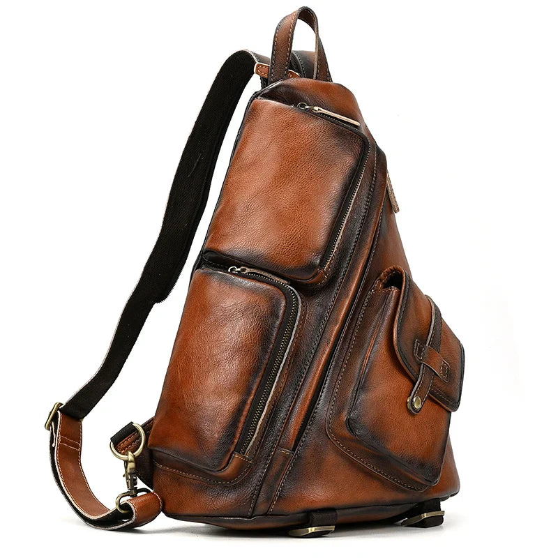 Femlion Men's Cowskin Leather Shoulder Backpack - Crossbody Chest Bag Anti Theft