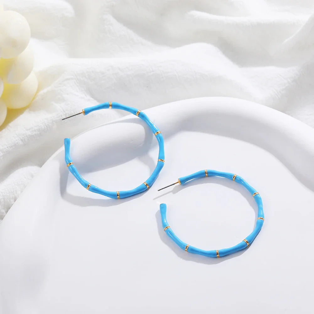 Femlion Oversize Enamel Bamboo Hoop Earrings for Women - Big Hoops Jewelry Party Gifts